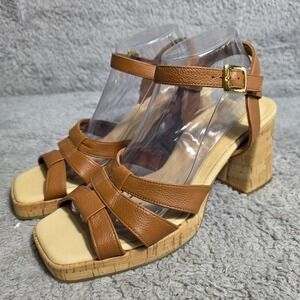 $429 Paul Green Women's Brown Leather‎ Cork Platform Chunky Heel Sandals US 10